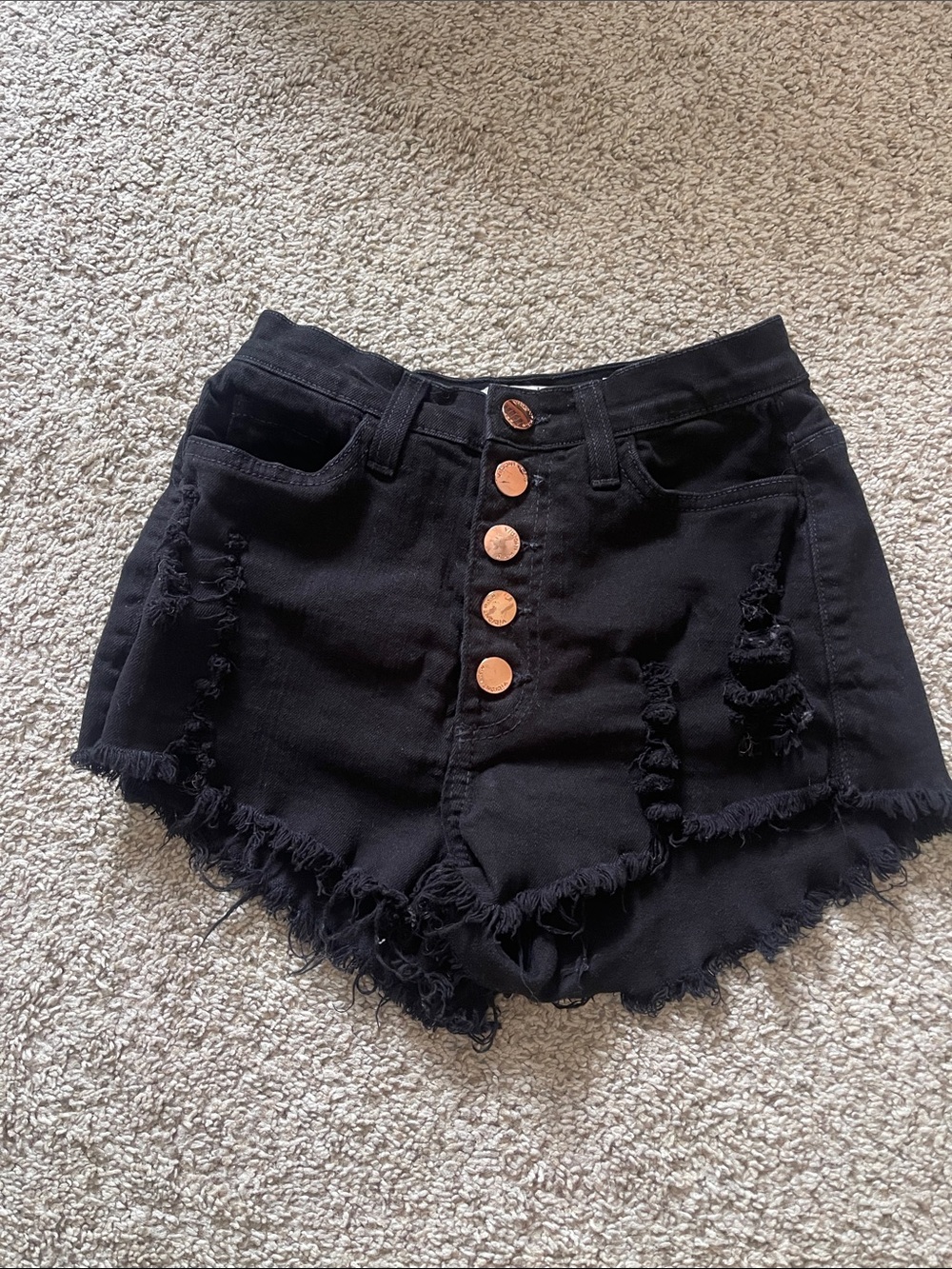 High-Rise Black Distressed Button-Front Women's Shorts - Small